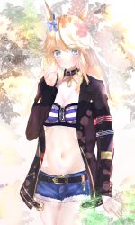 Rule 34 | 1girl, absurdres, animal ears, bandeau, belt, black belt, black choker, black jacket, blonde hair, blue bow, blue eyes, bow, breasts, chinese commentary, choker, cleavage, commentary request, cowboy shot, cutoffs, denim, denim shorts, ear bow, gold city (umamusume), hand up, highres, horse ears, jacket, long hair, long sleeves, looking at viewer, midriff, navel, open clothes, open jacket, short shorts, shorts, solo, standing, stomach, strapless, striped bandeau, tube top, umamusume, yingdaoyicha