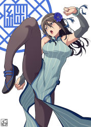 Rule 34 | 1girl, black pantyhose, bracelet, brown eyes, brown hair, china dress, chinese clothes, commentary, dress, emblem, fighting stance, flower, girls und panzer, girls und panzer gekijouban, hair flower, hair ornament, highres, jewelry, keizoku (emblem), long hair, mika (girls und panzer), open mouth, pairan, pantyhose, sleeveless, sleeveless dress, solo