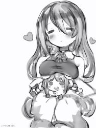 Rule 34 | 2girls, :&gt;, :d, = =, bad id, bad pixiv id, bare shoulders, blush, blush stickers, braid, breast rest, breasts, breasts on head, dot nose, facing viewer, greyscale, heart, highres, hololive, hololive indonesia, long hair, mini person, minigirl, monochrome, moona hoshinova, multiple girls, nanashi (nlo), open mouth, round teeth, shirt, simple background, sitting, smile, solid circle eyes, teeth, twin braids, usada pekora, virtual youtuber, white background