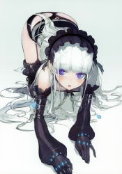 Rule 34 | 1girl, absurdres, all fours, ass, black gloves, black panties, black thighhighs, blue eyes, breasts, broken, broken chain, chaika kamaz, chain, cleavage, detached sleeves, full body, garter straps, gloves, gradient background, grey background, highres, hitsugi no chaika, long hair, looking at viewer, namaniku atk, open mouth, panties, silver hair, small breasts, solo, thighhighs, underwear, very long hair