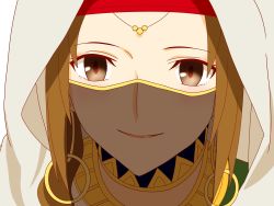 Rule 34 | 1girl, brown eyes, brown hair, earrings, fate/grand order, fate (series), head, highres, hoop earrings, jewelry, looking at viewer, maou (ajtdmw369), mouth veil, necklace, portrait, red headwear, siduri (fate), smile, solo, upper body, veil, white hood