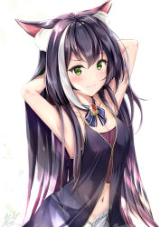 Rule 34 | 1girl, animal ear fluff, animal ears, arm behind head, armpits, arms up, blush, cat ears, cat girl, closed mouth, commentary request, crop top, dress, emimeku, fang, green eyes, highres, karyl (princess connect!), long hair, looking at viewer, midriff, multicolored hair, navel, neckwear request, princess connect!, princess connect!, purple dress, purple hair, purple shirt, shirt, short shorts, shorts, signature, sleeveless, solo, standing, streaked hair, open fly, white background, white hair, white shorts