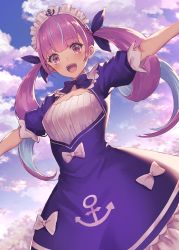 Rule 34 | 1girl, :d, absurdres, anchor symbol, blush, cloud, cloudy sky, colored inner hair, dress, highres, hololive, maid, maid headdress, minato aqua, minato aqua (1st costume), multicolored hair, open mouth, oukawa yuu, outstretched arms, purple eyes, purple hair, short sleeves, skirt, sky, smile, solo, twintails, virtual youtuber