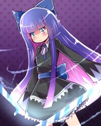 Rule 34 | 10s, 1girl, blue eyes, blue hair, blush, colored inner hair, hua (hua113), long hair, looking at viewer, matching hair/eyes, multicolored hair, panty &amp; stocking with garterbelt, solo, stocking (psg), striped, sword, two-tone hair, very long hair, weapon