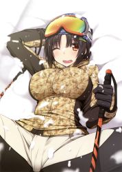 Rule 34 | 1girl, absurdres, arm behind head, artbook, black hair, blush, breasts, camouflage, camouflage jacket, character request, eyes visible through hair, gloves, goggles, goggles on head, hair between eyes, hair ornament, hairclip, highres, holding, jacket, large breasts, looking at viewer, lying, on back, one eye closed, open mouth, orange eyes, original, outdoors, pants, ruton-niki, short hair, ski gear, ski goggles, snow, solo, spread legs, wavy mouth