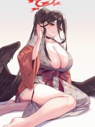 Rule 34 | 1girl, alternate costume, bare legs, barefoot, bird wings, blue archive, breasts, choker, cleavage, hair between eyes, hand in own hair, hasumi (blue archive), highres, huge breasts, japanese clothes, kimono, looking at viewer, looking back, ponytail, red hair, smile, solo, tanagawa makoto, wings