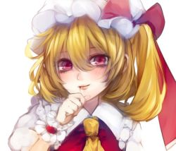 Rule 34 | 1girl, ascot, bad id, bad pixiv id, blonde hair, blush, daimaou ruaeru, dress, flandre scarlet, hat, looking at viewer, mob cap, pink eyes, puffy short sleeves, puffy sleeves, red dress, shirt, short sleeves, side ponytail, smile, solo, touhou, upper body, wrist cuffs