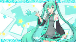 Rule 34 | 1girl, ;d, detached sleeves, green eyes, green hair, hair ornament, hatsune miku, jojofon, long hair, looking at viewer, matching hair/eyes, necktie, one eye closed, open mouth, pleated skirt, pointing, skirt, smile, solo, twintails, very long hair, vocaloid