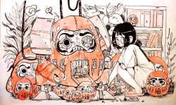Rule 34 | 1girl, bad id, bad tumblr id, black hair, blush, book, bookshelf, cable, can, commentary, crisalys, daruma doll, drink can, female focus, flower, flower pot, food, glasses, indoors, kneeling, leaf, looking at viewer, machinery, mechanic, monochrome, mouth hold, original, plant, pocky, robot, screw, shirt, short eyebrows, short hair, short ponytail, short sleeves, slippers, soda can, solo, spot color, wrench