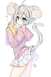 Rule 34 | 1girl, ahoge, animal ears, ass, blue eyes, blush, cheese, closed mouth, commentary request, drawstring, food, grey hair, hair between eyes, hands up, highres, holding, holding food, hood, hood down, hoodie, looking at viewer, looking to the side, mouse ears, nachiru, original, panties, pink hoodie, pleated skirt, short hair, signature, simple background, skirt, sleeves past wrists, solo, tail raised, translation request, underwear, white background, white panties, white skirt