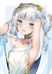 Rule 34 | 1girl, absurdres, ancient greek clothes, armpit crease, armpits, blue eyes, blue hair, braid, breasts, collarbone, gawr gura, gawr gura (party dress), gem, greco-roman clothes, highres, hololive, hololive english, jewelry, laurel crown, looking at viewer, medium breasts, multicolored hair, official alternate costume, sharp teeth, sideboob, silver hair, smile, solo, teeth, toga, twintails, two-tone hair, upper body, virtual youtuber, yukineko1018