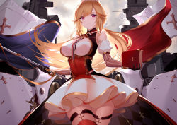Rule 34 | 1girl, absurdres, an yasuri, azur lane, bare shoulders, black gloves, blonde hair, book, breasts, cleavage, closed mouth, cloud, cloudy sky, cross, dress, flag, french flag, gloves, grey sky, hair ornament, highres, holding, holding book, holding weapon, iris libre (emblem), jewelry, large breasts, long hair, machinery, purple eyes, red thighhighs, richelieu (azur lane), skirt, sky, solo, thighhighs, thighs, weapon, white skirt