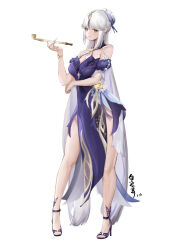 Rule 34 | 1girl, bailingxiao, bare legs, black footwear, blue dress, breasts, cleavage, commentary request, detached sleeves, dress, full body, genshin impact, hand up, high heels, highres, holding, holding smoking pipe, kiseru, long hair, looking at viewer, medium breasts, ningguang (genshin impact), ningguang (orchid&#039;s evening gown) (genshin impact), official alternate costume, pelvic curtain, red eyes, short sleeves, simple background, sleeveless, sleeveless dress, smile, smoking pipe, solo, standing, very long hair, white background, white hair