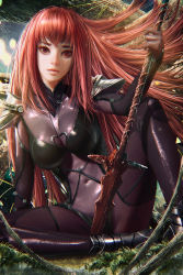Rule 34 | 1girl, bodysuit, breasts, covered navel, cursedapple, eyelashes, fate/grand order, fate (series), female focus, gae bolg (fate), highres, holding, holding weapon, large breasts, lips, long hair, looking at viewer, nose, outdoors, polearm, purple bodysuit, purple hair, realistic, red eyes, ryan tien, scathach (fate), scathach (fate), sitting, solo, weapon