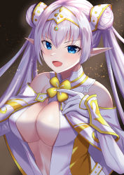 Rule 34 | 1girl, absurdres, arm guards, bare shoulders, blue eyes, blush, breasts, britomart (fate), britomart (second ascension) (fate), capelet, center opening, cleavage, double bun, dress, elbow gloves, fate/grand order, fate (series), gloves, gold trim, grey hair, hair bun, hairband, highres, large breasts, long hair, looking at viewer, open mouth, pointy ears, shiratamaaji, smile, solo, twintails, very long hair, white capelet, white dress, white gloves