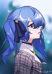 Rule 34 | 1girl, absurdres, blue background, blue eyes, blue hair, blue necktie, blue ribbon, checkered clothes, checkered shirt, from side, grey shirt, hair between eyes, hair ribbon, highres, hololive, hoshimachi suisei, hoshimachi suisei (1st costume), long hair, necktie, one side up, parted lips, profile, ribbon, shirt, short necktie, solo, star (symbol), star in eye, symbol in eye, upper body, vergil mon, virtual youtuber