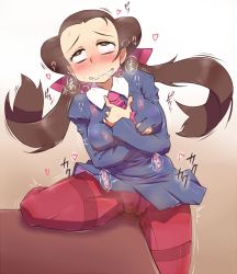 Rule 34 | 00s, 1girl, blush, bow, breast hold, breasts, brown eyes, brown hair, creatures (company), crotch rub, deep skin, female masturbation, game freak, gym leader, hair bow, highres, hun (uyonis), long hair, masturbation, necktie, nintendo, orgasm, panties, panties under pantyhose, pantyhose, pink pantyhose, pokemon, pokemon rse, pussy juice, rolling eyes, roxanne (pokemon), solo, sweat, table, table humping, thighband pantyhose, trembling, twintails, underwear, very long hair