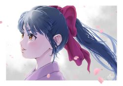 Rule 34 | 1girl, artist name, blue hair, brown eyes, cherry blossoms, from side, japanese clothes, long hair, parted lips, ponytail, sakura taisen, sega, shinguuji sakura, smile, solo