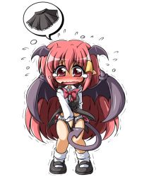 Rule 34 | 1girl, bad id, bad pixiv id, bat wings, blush, bow, chibi, covering privates, covering crotch, d.a, demon tail, dress shirt, embarrassed, female focus, flying sweatdrops, full body, hair ribbon, head wings, koakuma, long hair, mary janes, no pants, panties, pantyshot, red eyes, red hair, ribbon, shirt, shoes, skirt, socks, solo, tail, tears, touhou, transparent background, trembling, underwear, upskirt, vest, wavy mouth, white panties, white socks, wings