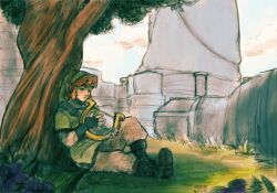 Rule 34 | 1boy, black footwear, black gloves, boots, brown hair, closed mouth, commentary, dated, english commentary, fingerless gloves, flower, full body, gloves, grass, green tunic, highres, holding, holding instrument, instrument, link, lyre, male focus, music, nintendo, outdoors, pants, playing instrument, pointy ears, purple flower, signature, solo, the legend of zelda, the legend of zelda: skyward sword, tree, under tree, white pants, yasmeen