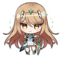 Rule 34 | 1girl, bare shoulders, brown hair, chibi, closed mouth, commentary request, dress, elbow gloves, full body, gloves, hair between eyes, hand on hilt, headpiece, long hair, looking at viewer, mythra (xenoblade), simple background, sleeveless, sleeveless dress, smile, solo, sparkle, sword, very long hair, weapon, white background, white dress, white footwear, white gloves, xenoblade chronicles (series), xenoblade chronicles 2, yellow eyes, zer00han