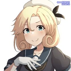 Rule 34 | 1girl, blonde hair, blue eyes, blue sailor collar, blush, closed mouth, collarbone, dated, dress, gloves, hat, janus (kancolle), kantai collection, m.a.o, one-hour drawing challenge, portrait, puffy short sleeves, puffy sleeves, sailor collar, sailor dress, sailor hat, short hair, short sleeves, simple background, smile, solo, twitter username, white background, white gloves, white hat