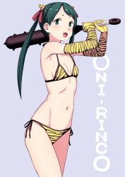 Rule 34 | 1girl, animal print, bikini, black hair, club, club (weapon), cowboy shot, elbow gloves, flat chest, gloves, green hair, grey background, grey eyes, hair ribbon, holding, holding weapon, horns, kanabou, kantai collection, kumadano, long hair, mikuma (kancolle), oni horns, open mouth, red ribbon, ribbon, side-tie bikini bottom, simple background, smile, solo, spiked club, swimsuit, tiger print, twintails, weapon, yellow bikini, yellow gloves