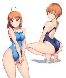 Rule 34 | 2girls, ahoge, alp, ass, bare shoulders, blue one-piece swimsuit, braid, breasts, competition school swimsuit, competition swimsuit, from behind, hair ribbon, hoshizora rin, in-franchise crossover, looking at viewer, looking back, love live!, love live! school idol project, love live! sunshine!!, medium breasts, multiple girls, one-piece swimsuit, orange hair, ribbon, school swimsuit, shiny skin, short hair, side braid, simple background, smile, squatting, standing, swimsuit, takami chika, white background, yellow eyes