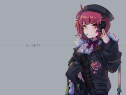 Rule 34 | 1girl, beret, black hat, black jacket, black skirt, blush, bow, brown eyes, candy, character name, chromatic aberration, closed mouth, collared shirt, commentary request, diagonal-striped bow, dress shirt, ear protection, food, food in mouth, fur-trimmed jacket, fur trim, girls&#039; frontline, grey background, gun, h&amp;k mp7, hat, highres, holding, holding gun, holding weapon, jacket, kuro kosyou, lollipop, long sleeves, mouth hold, mp7 (girls&#039; frontline), name connection, object namesake, off shoulder, one side up, open clothes, open jacket, pleated skirt, puffy long sleeves, puffy sleeves, red hair, shirt, skirt, sleeves past wrists, solo, submachine gun, upper body, weapon, white shirt