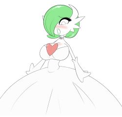 Rule 34 | 1girl, blush, breasts, choker, creatures (company), game freak, gardevoir, gen 3 pokemon, green hair, green lips, hair over one eye, highres, large breasts, lipstick, looking down, makeup, mega gardevoir, mega pokemon, mega stone, nintendo, open mouth, outstretched arms, pokemon, pokemon (creature), pokemon rse, sealguy, short hair, simple background, solo, standing, surprised, tears, third-party edit, white background, white eyes