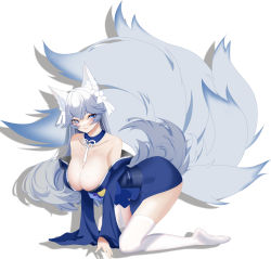 Rule 34 | 1girl, all fours, animal ear fluff, animal ears, azur lane, baiji, blue eyes, blue kimono, breasts, cleavage, detached collar, full body, highres, japanese clothes, kimono, kitsune, kyuubi, large breasts, large tail, long hair, long sleeves, multiple tails, off shoulder, shinano (azur lane), sideways glance, silver hair, simple background, solo, tail, thighhighs, thighs, white background, white thighhighs, wide sleeves