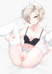 Rule 34 | 1girl, anus, ase (apocrine), azur lane, bar censor, bare shoulders, black bra, blonde hair, bottomless, bra, braid, breasts, censored, cleavage, clitoris, closed mouth, collarbone, expressionless, feet, garter belt, garter straps, hair over one eye, highres, lace, lace-trimmed bra, lace trim, legs up, looking at viewer, maid, maid headdress, navel, no panties, pussy, sheffield (azur lane), short hair, simple background, solo, solo focus, spread legs, thighhighs, underwear, underwear only, white background, white thighhighs, yellow eyes