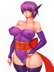 Rule 34 | 1girl, adapted costume, ayane (doa), bare shoulders, black thighhighs, blush, bow, breasts, breasts apart, bridal gauntlets, cameltoe, collarbone, covered erect nipples, cowboy shot, dead or alive, female focus, fumio (rsqkr), groin, hand on own hip, headband, highleg, highleg leotard, impossible clothes, impossible leotard, japanese clothes, large breasts, leotard, lips, looking at viewer, ninja, no bra, no panties, obi, purple eyes, purple hair, purple thighhighs, red eyes, sash, serious, short hair, simple background, sketch, skin tight, solo, strapless, strapless leotard, thick thighs, thighhighs, thighs, white background