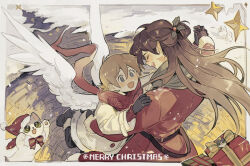 Rule 34 | 2boys, :d, ahoge, alternate costume, animal, animification, belt, bird boy, bird wings, bishounen, blush, boots, bow, brown hair, cape, cat, christmas, closed eyes, clothed animal, coat, commentary, couple, dancing, english text, eye contact, fur-trimmed cape, fur-trimmed coat, fur trim, gift, gloves, goodtimeswithscar, grey eyes, grian (youtuber), hair bun, hair ornament, hand on another&#039;s shoulder, hand on another&#039;s waist, happy, hat, hermitcraft, highres, holding hands, holly hair ornament, jellie (hermitcraft), light brown hair, long hair, long sleeves, looking at another, luminous slime, male focus, merry christmas, minecraft youtube, multiple boys, open mouth, outdoors, pointy ears, red coat, red scarf, santa hat, scarf, short hair, single hair bun, smile, symbol-only commentary, very long hair, white coat, white wings, wings, yaoi