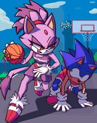 Rule 34 | 1boy, 1girl, absurdres, animal ears, ball, basketball, basketball (object), basketball uniform, blaze the cat, blue fur, blue sky, cat ears, cat girl, cat tail, chao (sonic), cloud, fang, forehead jewel, fur-trimmed gloves, fur trim, furry, furry female, furry male, gloves, green eyes, highres, oakblu, open mouth, red footwear, sky, sonic (series), sonic the hedgehog, sportswear, tail, white gloves, yellow eyes