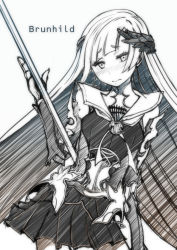 Rule 34 | 1girl, armor, blunt bangs, blush, brynhildr (fate), character name, cowboy shot, dress, embarrassed, fate/prototype, fate/prototype: fragments of blue and silver, fate (series), gauntlets, greyscale, haku (grimjin), hatching (texture), highres, holding, holding weapon, long hair, looking at viewer, miniskirt, monochrome, pleated skirt, polearm, skirt, solo, spear, text focus, very long hair, weapon