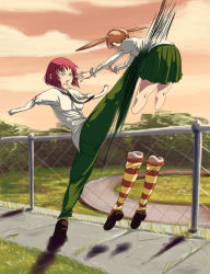 Rule 34 | 10s, 2girls, amputee, angry, blonde hair, cloud, double amputee, fence, from behind, green eyes, ibarazaki emi, image sample, katawa shoujo, kicking, kneehighs, multiple girls, necktie, no arms, no legs, pain, prosthesis, red hair, school uniform, shoes, skirt, socks, solidcow, speed lines, tezuka rin, twintails, violence