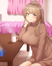 Rule 34 | 1girl, bed, between legs, blush, breasts, brown eyes, brown hair, brown sweater, closed mouth, commentary request, cup, curtains, erena (sakura aimax), hand between legs, highres, indoors, large breasts, long hair, looking at viewer, love live!, love live! school idol project, minami kotori, mug, one side up, sidelocks, smile, solo, sweater, table, yellow eyes
