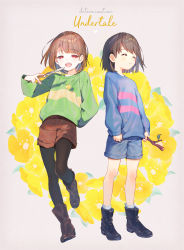Rule 34 | 2others, :d, androgynous, black footwear, blue shorts, bob cut, boots, brown footwear, brown shorts, chara (undertale), closed mouth, copyright name, floral background, frisk (undertale), full body, heart pendant, highres, holding, holding knife, holding stick, knife, pantyhose under shorts, long sleeves, multiple others, open mouth, pantyhose, red eyes, shirakino, short hair, shorts, smile, stick, sweater, undertale