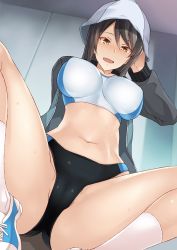 Rule 34 | 1girl, blue hat, blush, breasts, brown eyes, brown hair, buruma, girls und panzer, hat, highres, impossible clothes, jacket, large breasts, mika (girls und panzer), nakamura yukitoshi, navel, open clothes, open jacket, shoes, sneakers, socks, solo, sports bra, spread legs, sweat, track jacket