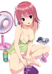 Rule 34 | 1girl, absurdres, bare legs, barefoot, breasts, camisole, cleavage, covered erect nipples, electric fan, feet, fingernails, food, full body, hand fan, hands on feet, head tilt, highres, ice cream, indian style, koutaro, looking at viewer, medium breasts, medium hair, no bra, one side up, original, panties, paper fan, pink hair, purple eyes, scan, simple background, sitting, smile, solo, toenails, toes, uchiwa, underwear, white background, white panties