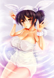 Rule 34 | 10s, 1girl, animal ears, bathing, breasts, brown eyes, brown hair, cleavage, covered erect nipples, curvy, dripping, kaga (kancolle), kantai collection, large breasts, partially submerged, rabbit ears, ripples, see-through, short hair, side ponytail, solo, teruru, towel, water, wet, wide hips