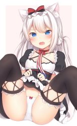 Rule 34 | 1girl, amashiro natsuki, animal ear fluff, animal ears, azur lane, bad id, bad pixiv id, black dress, black thighhighs, blue eyes, blush, bow, bow panties, breasts, cat ears, clothes lift, commentary request, dress, dress lift, fang, frilled dress, frilled sleeves, frilled thighhighs, frills, hair bow, hammann (azur lane), highres, knees up, lifted by self, long hair, looking at viewer, navel, open mouth, outside border, panties, pink background, puffy short sleeves, puffy sleeves, red bow, red neckwear, short sleeves, simple background, sitting, small breasts, solo, spread legs, tearing up, thighhighs, underwear, very long hair, white background, white hair, white panties