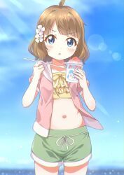 Rule 34 | 1girl, ahoge, bikini, blue eyes, blue sky, blurry, blurry background, blush, brown hair, chestnut mouth, child, commentary, cowboy shot, cup, day, dolphin shorts, flat chest, flower, food, frilled bikini top, green shorts, hair flower, hair ornament, highres, holding, holding cup, holding spoon, hood, hooded jacket, idolmaster, idolmaster million live!, jacket, looking at viewer, medium hair, navel, open clothes, open jacket, outdoors, pink jacket, shaved ice, short sleeves, shorts, sidelocks, sky, solo, spoon, stomach, sunlight, suou momoko, swimsuit, toma (shinozaki), v-shaped eyebrows, wavy hair, yellow bikini