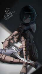 Rule 34 | 1girl, absurdres, aqua eyes, aqua hair, belt, black hair, boots, breasts, chaps, chromatic aberration, cleats, colored inner hair, elbow gloves, fantasy, gloves, grey background, highres, holding, holding knife, holding weapon, ikasamahideo, khopesh, knife, leather, leather boots, leather gloves, looking at viewer, multicolored hair, original, reverse grip, scarf, shadow, short hair, signature, sitting, small breasts, steel-toe boots, tsurime, two-tone hair, weapon