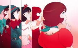 Rule 34 | 5girls, absurdres, aqua eyes, bad id, bad twitter id, black eyes, bow, brown hair, commentary, creator connection, dress, eatslugs, english commentary, green scarf, hair bow, hat, highres, kon satoshi tribute, looking up, multiple girls, paprika, paprika (character), perfect blue, red dress, scarf, short hair