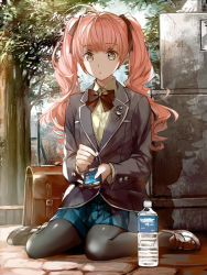 Rule 34 | 1girl, ahoge, bag, black pantyhose, blazer, bottle, bow, bowtie, cellphone, day, green eyes, hair ribbon, jacket, komecchi, lamppost, loafers, long hair, original, outdoors, pantyhose, pavement, phone, pink hair, pleated skirt, ribbon, school bag, shadow, shoes, sitting, skirt, smartphone, solo, statue, tree, twintails, wariza, water bottle