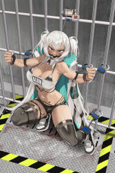 Rule 34 | 1girl, absurdres, alabama (azur lane), angry, aronman, azur lane, ball gag, bare shoulders, bars, bikini, bikini under clothes, black bikini, black footwear, black thighhighs, blood, blood on clothes, blood stain, body markings, bound, breasts, chinese commentary, cleavage, clenched hands, clothes writing, coat, coat on shoulders, collarbone, commentary request, commission, cuffs, dark-skinned female, dark skin, detached collar, facial mark, full body, gag, gagged, hair between eyes, handcuffs, highleg, highleg bikini, highres, iron bars, large breasts, long coat, long hair, looking at viewer, navel, open clothes, open coat, prison, prison cell, red eyes, restrained, second-party source, shackles, shadow, shoes, short shorts, shorts, sidelocks, skindentation, sneakers, solo, squatting, strapless, sweat, swimsuit, teeth, thighhighs, tube top, twintails, very long hair, whisker markings, white coat, white hair, white tube top, wiffle gag