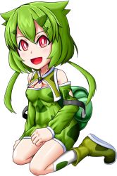 Rule 34 | 1girl, backpack, bag, blush, bra, breasts, bulbasaur, cleavage cutout, clothing cutout, creatures (company), dress, fangs, female focus, full body, game freak, gen 1 pokemon, green dress, green footwear, green hair, hair ornament, hairclip, happy, highres, kneehighs, kneeling, long hair, looking at viewer, nintendo, off shoulder, open mouth, orange bra, personification, pokemon, red eyes, shiny skin, shoes, shougun (chuckni1), simple background, sitting, small breasts, smile, socks, solo, twintails, underwear, white background, white socks