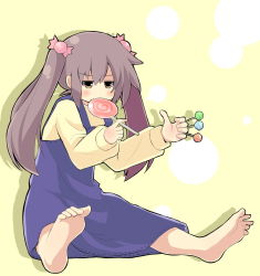 Rule 34 | 1girl, barefoot, blush, brown eyes, brown hair, candy, dress, eating, feet, lollipop, long hair, original, shouma keito, sitting, soles, solo, toes, twintails
